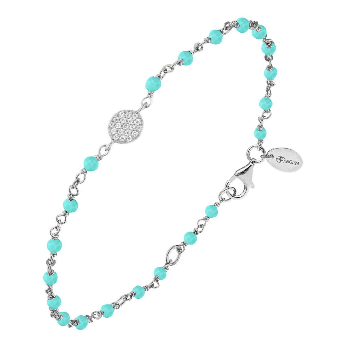 Bracelet Argent Rhodié Médaillon Serti Blanc Et Pierre Amazonite