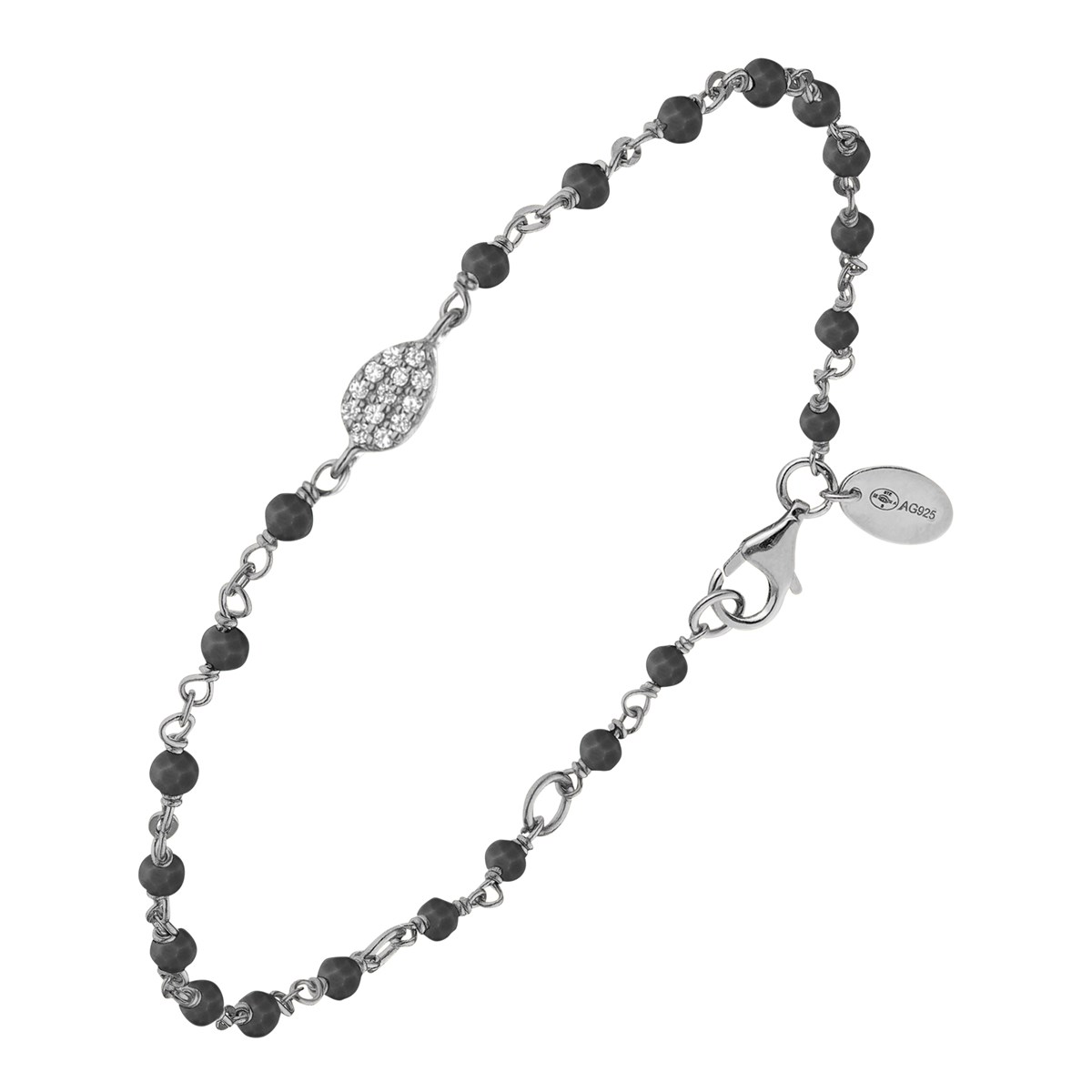 Bracelet Argent Rhodié Goutte Serti Blanc Pierre Spinelle Noire