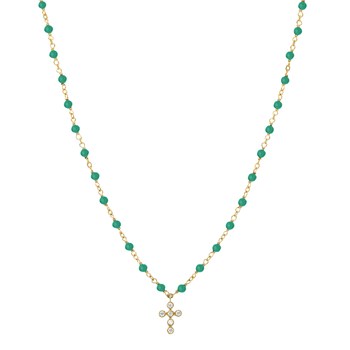 Collier Argent Doré Croix En Zirconium Blanc Et Pierres Onyx Vert