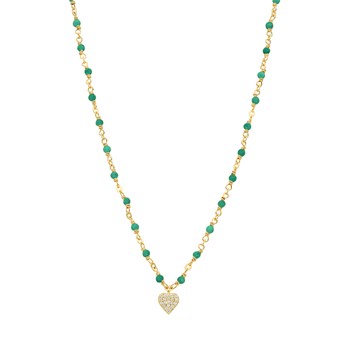 Collier Argent Doré Coeur Diamanté Et Pierres Onyx Vert