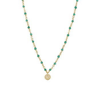 Collier Argent Doré Médaillon Serti Blanc Et Pierre Onyx Vert