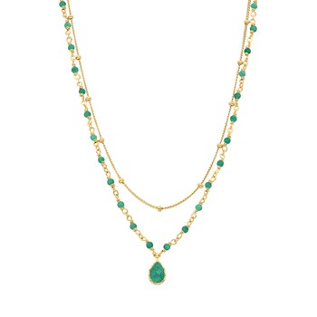 Collier Argent Doré Goutte Doubles Chaînes Pierre Onyx Vert