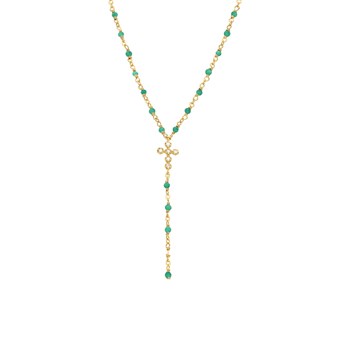 Collier Argent Doré Cravate Croix Et Pierres Onyx Vert