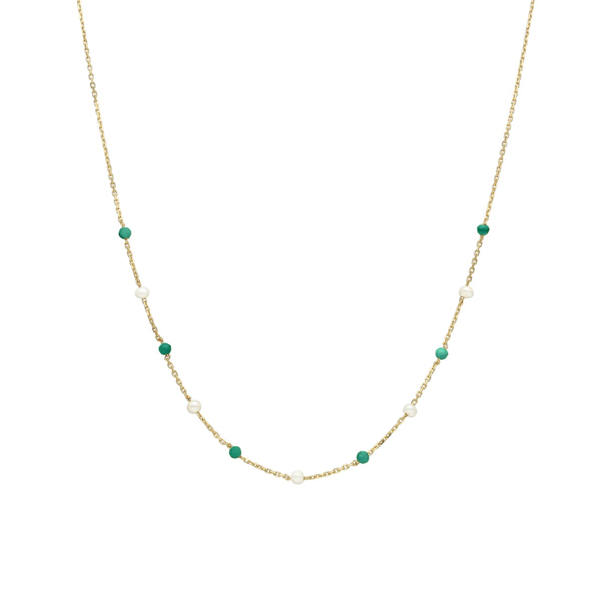 Collier En Argent Doré Pierre Naturelle Onyx Vert Et Perles Naturelles Blanche