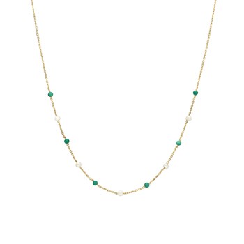 Collier En Argent Doré Pierre Naturelle Onyx Vert Et Perles Naturelles Blanche
