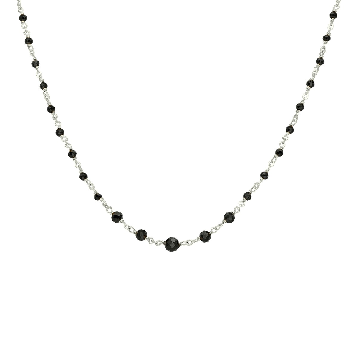 Collier Argent Rhodié Cascade Pierre Spinelle Noire