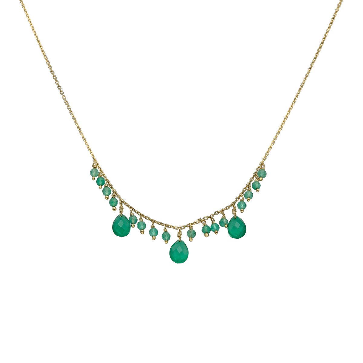 Collier Argent Doré Pierre Pampille Onyx Vert