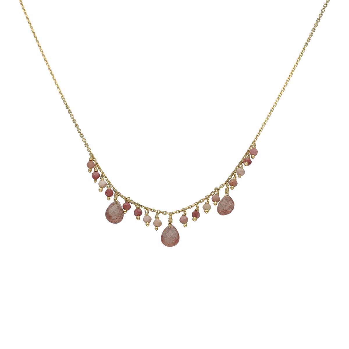 Collier Argent Doré Pierre Pampille Rhodonite Rose