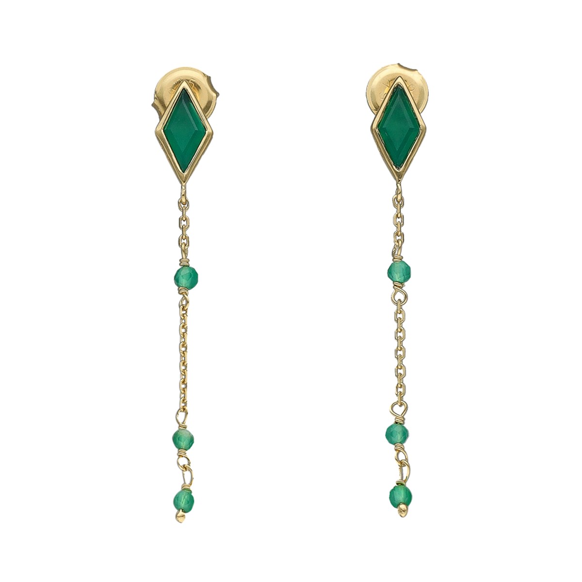 Boucles D'oreilles Argent Dorée Losange Pierre Onyx Vert