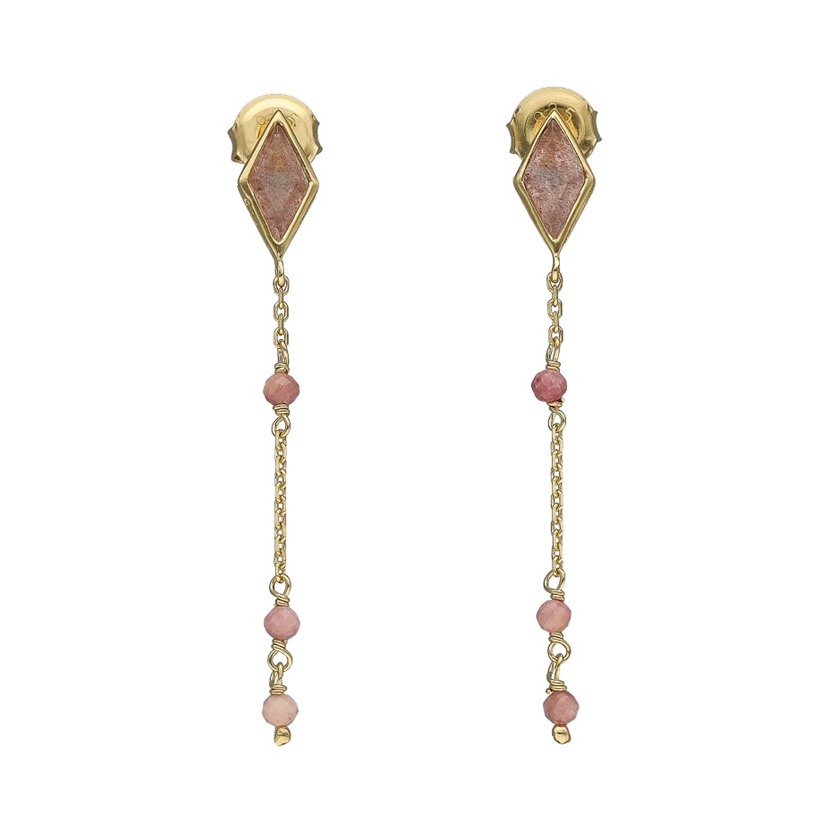 Boucles D'oreilles Argent Dorée Losange Pierre Rhodonite Rose