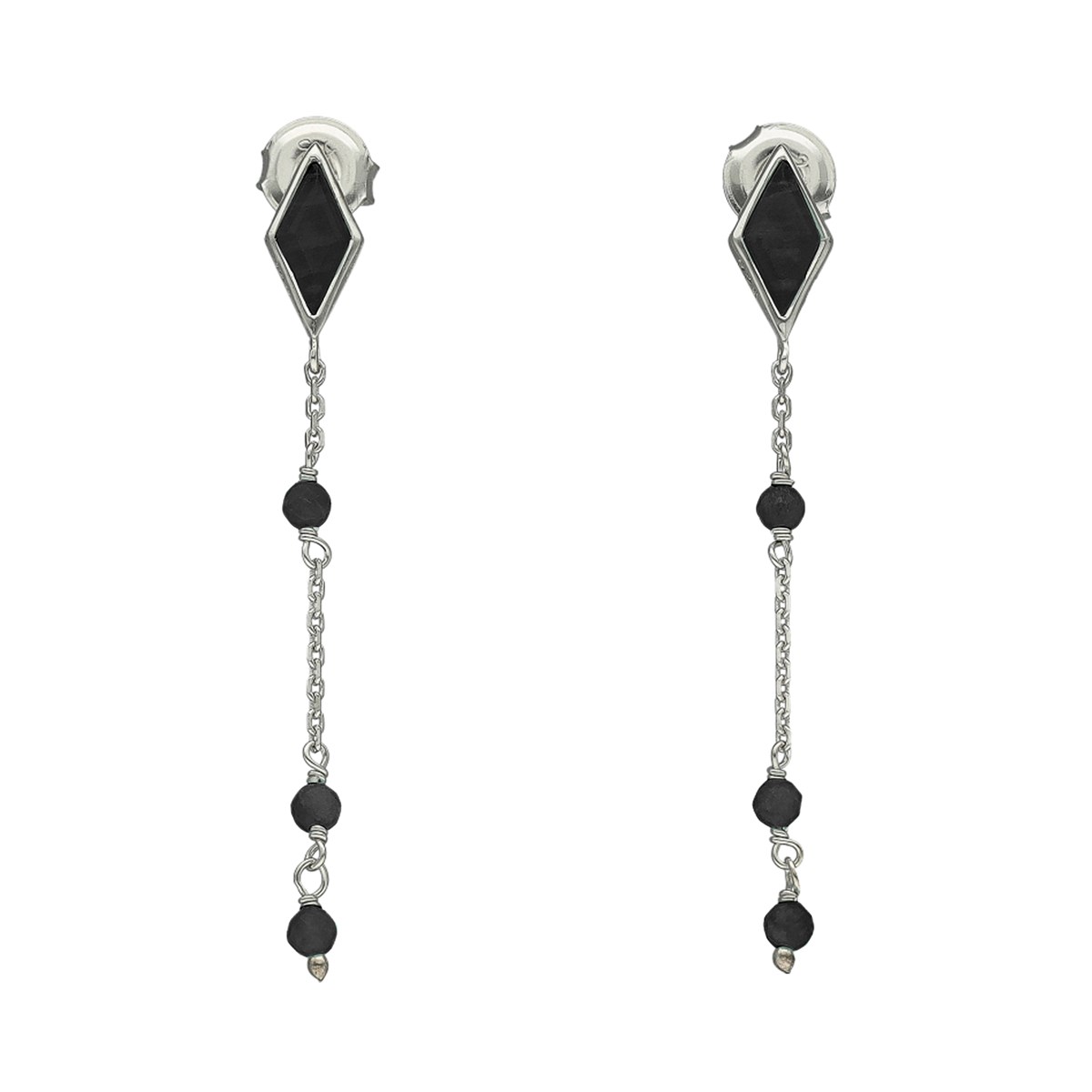 Boucles D'oreilles Argent Rhodié Losange Pierre Spinelle Noire