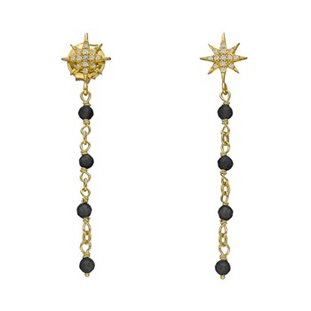 Gold Silver Star Earrings White Zirconium Black Spinel Stone