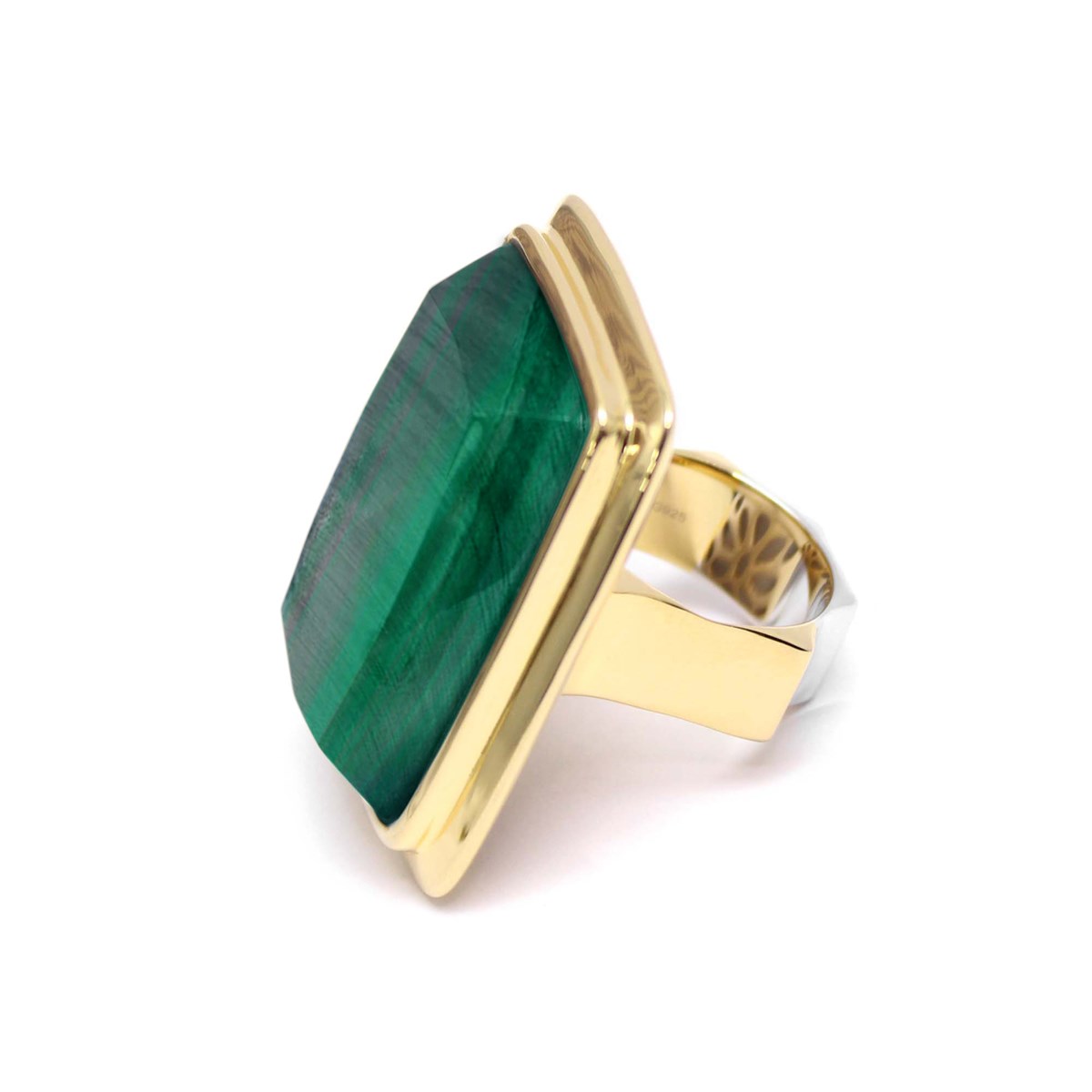 Bague à Volume Rectangle En Argent Doré Et Pierre Naturelle Malachite - vue 3