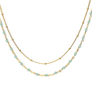 Collier Argent Doré Double Chaine Et Pierre Naturelle Amazonite