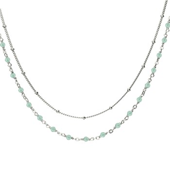Collier Argent Rhodié Double Chaine Et Pierre Naturelle Amazonite