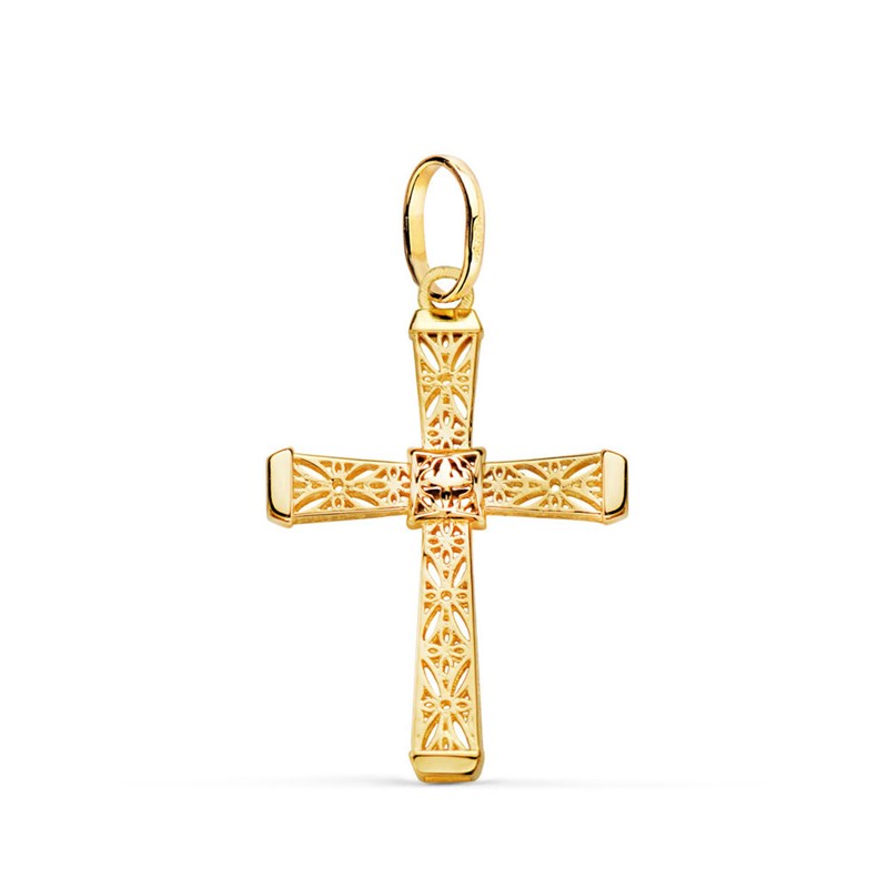 Pendentif - Médaille Croix Or 18 Carats 750 Jaune - Filigrane - Chaine Offerte