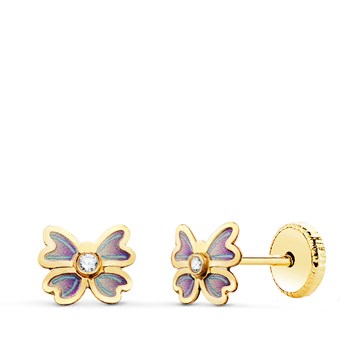 Boucles d'Oreilles Or 18 Carats 750 Jaune - Zirconiums et émail - Papillons