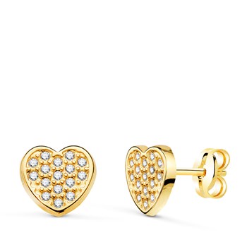 Boucles d'Oreilles Or 18 Carats 750 Jaune et Zirconiums - Motif Coeur