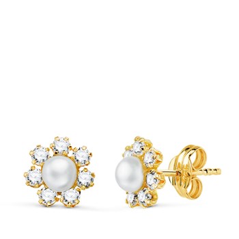 Boucles d'Oreilles Or 18 Carats 750 - Motif Fleur - Perles et Zirconiums