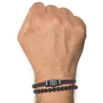 Donkerbruin leer en rode tijgeroog stalen armband voor mannen - maat 21 cm