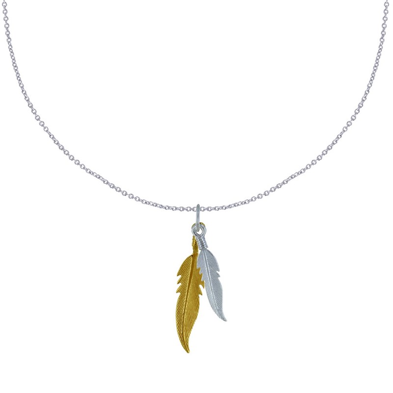 Collier Argent 925 et Argent Doré Deux Plumes - taille 42 cm