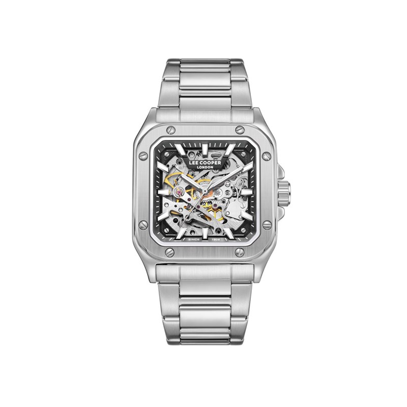 EDWARD - Montre Homme - Analogique Mouvement Squelette Automatique - Boitier carré en métal argenté - Cadran squelette noir