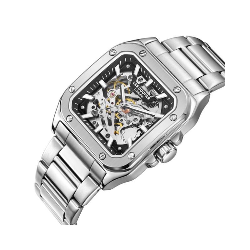EDWARD - Montre Homme - Analogique Mouvement Squelette Automatique - Boitier carré en métal argenté - Cadran squelette noir - vue 2