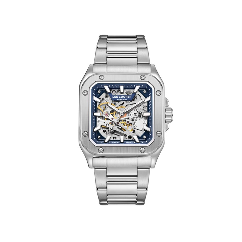 EDWARD - Montre Homme - Analogique Mouvement Squelette Automatique - Boitier carré en métal argenté - Cadran squelette bleu