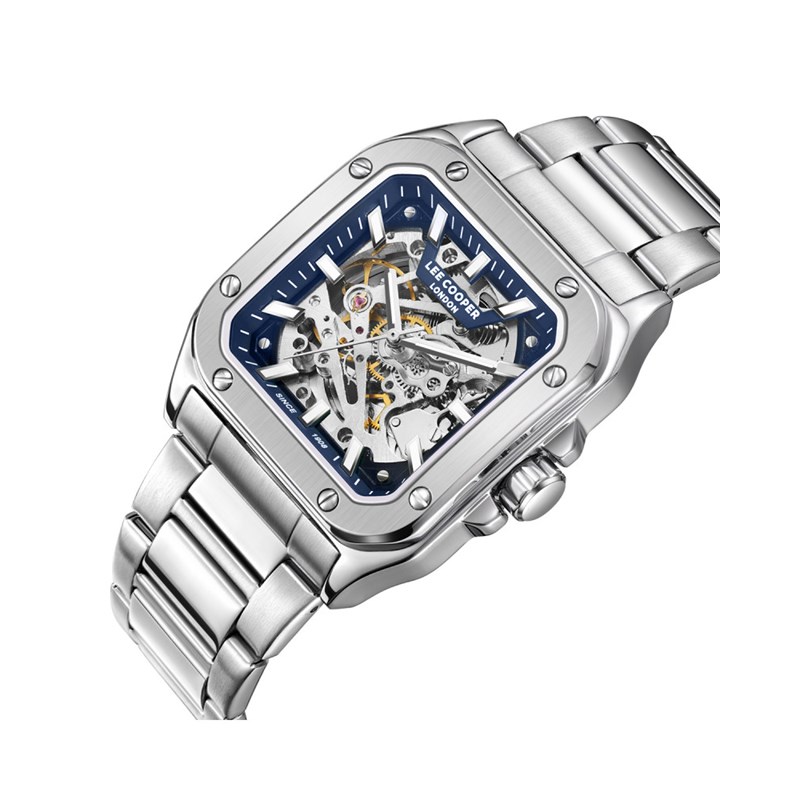 EDWARD - Montre Homme - Analogique Mouvement Squelette Automatique - Boitier carré en métal argenté - Cadran squelette bleu - vue 2