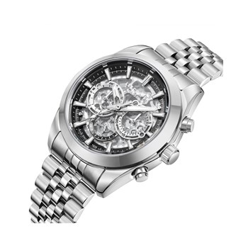 FINLEY - Montre Homme - Analogique Mouvement Multifonction Automatique - Boitier rond en métal  - Cadran squelette noir - Argent