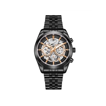 FINLEY - Montre Homme - Analogique Mouvement Multifonction Automatique - Boitier rond en métal  - Cadran squelette noir - Noir