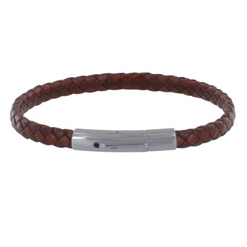 Bracelet Homme Cuir Tréssé Plat Bicolore Marron Foncé et Marron Clair - taille 20 cm