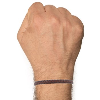 Bracelet Homme Cuir Tréssé Plat Bicolore Marron Foncé et Marron Clair - taille 20 cm