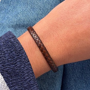 Bracelet Homme Cuir Tréssé Plat Bicolore Marron Foncé et Marron Clair - taille 20 cm