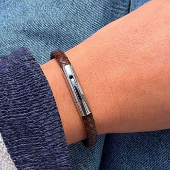 Bracelet Homme Cuir Tréssé Plat Bicolore Marron Foncé et Marron Clair - taille 20 cm
