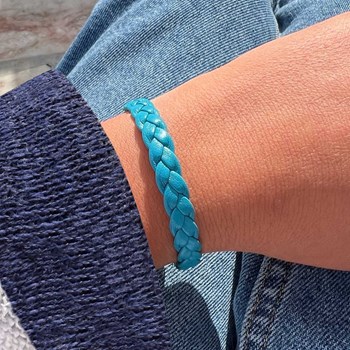 Bracelet Mixte Tresse en Cuir de Chèvre Turquoise 7mm - taille 19 cm