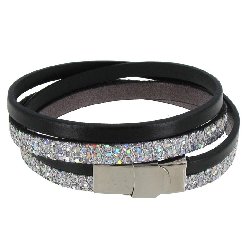 Bracelet Cuir Deux Lanières et Paillettes Fermoir Acier Inoxydable - Classics - Noir