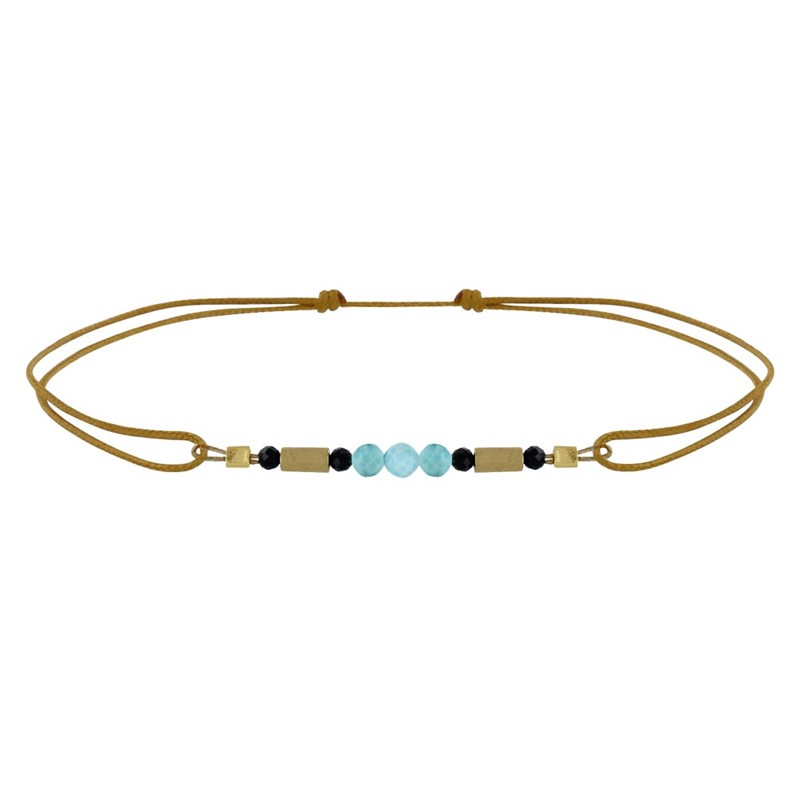 Bracelet Lien 3 Perles Facettées de Larimar Tubes Hématites et Spinelle - Or