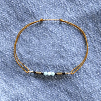 Bracelet Lien 3 Perles Facettées de Larimar Tubes Hématites et Spinelle - Or