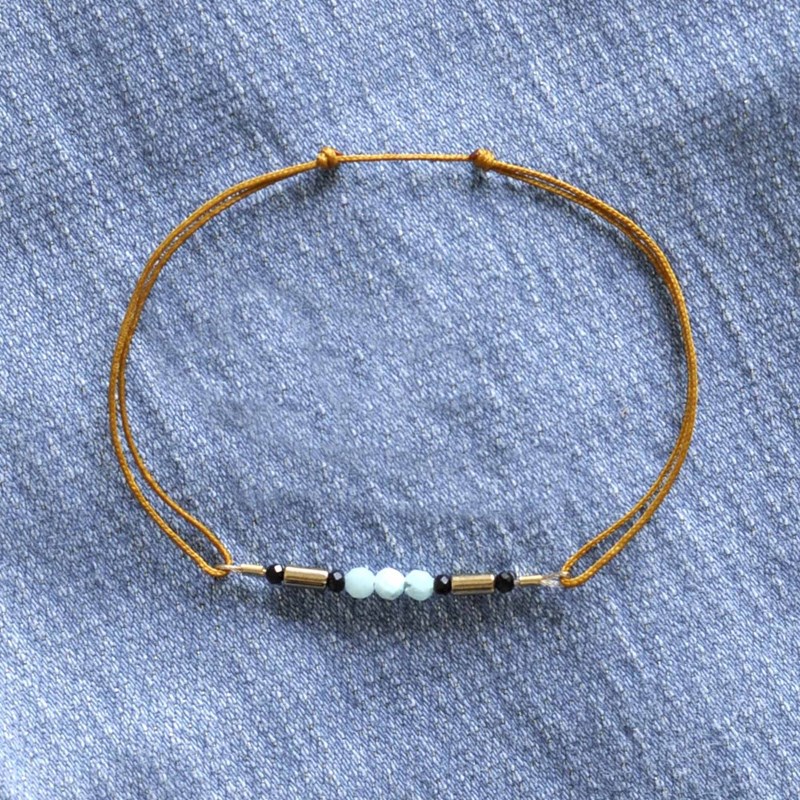 Bracelet Lien 3 Perles Facettées de Larimar Tubes Hématites et Spinelle - Or - vue 3