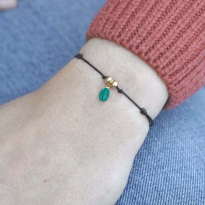 Bracelet Lien Noir Médaille Vierge Miraculeuse Colorée et 2 Perles Plaqué Or - Turquoise - vue 2