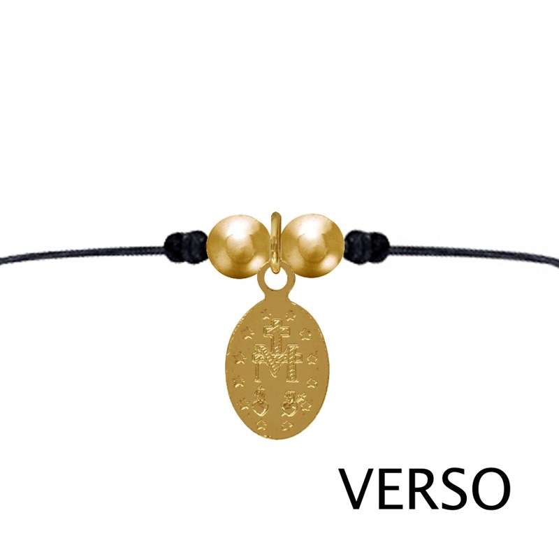 Bracelet Lien Noir Médaille Vierge Miraculeuse Colorée et 2 Perles Plaqué Or - Turquoise - vue 3
