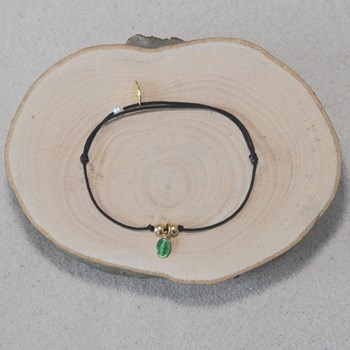 Bracelet Lien Noir Médaille Vierge Miraculeuse Colorée et 2 Perles Plaqué Or - Turquoise