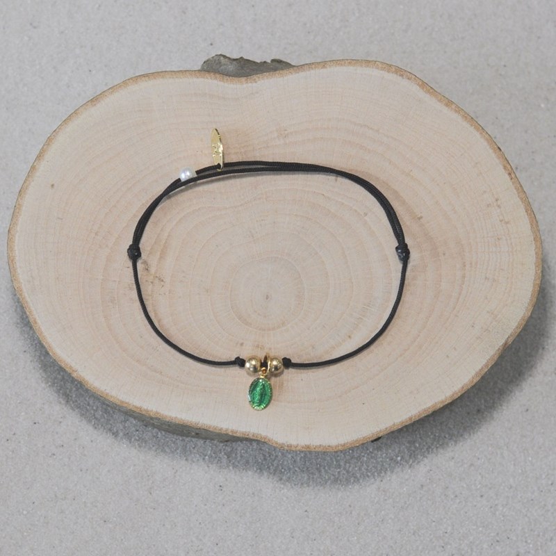 Bracelet Lien Noir Médaille Vierge Miraculeuse Colorée et 2 Perles Plaqué Or - Turquoise - vue 4