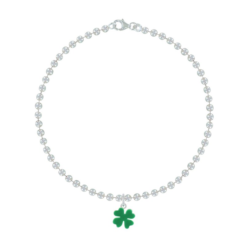 Bracelet Argent 925 Petites Perles et sa Breloque Mini Trèfle Émaillée Vert
