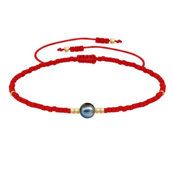 Bracelet Lien Perle d'Eau Douce Noire et Petites Perles Mates - Rouge