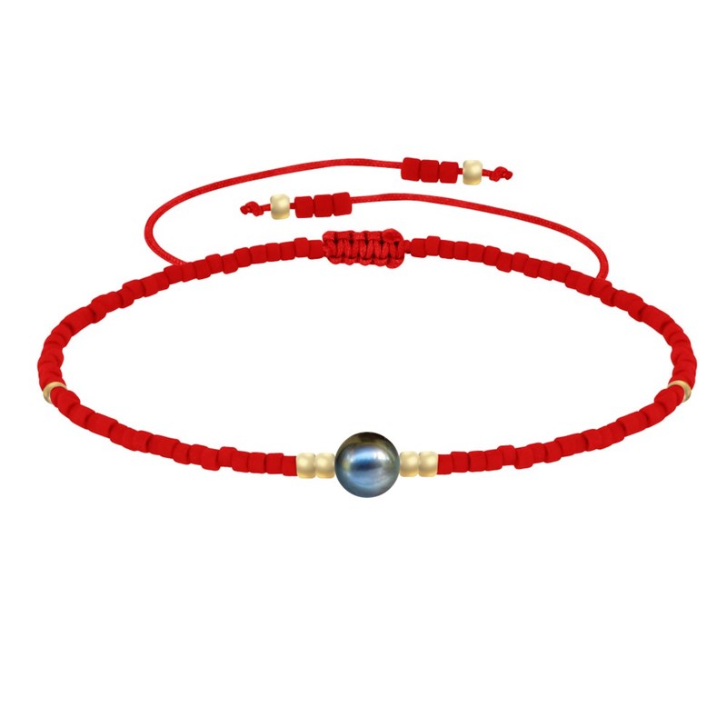 Bracelet Lien Perle d'Eau Douce Noire et Petites Perles Mates - Rouge
