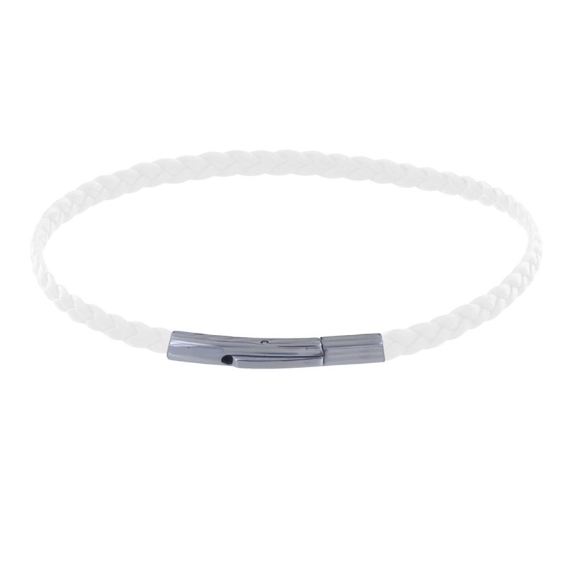 Bracelet Femme Tresse Plate en Cuir Mat Fermoir Clip Acier Inoxydable - Blanc