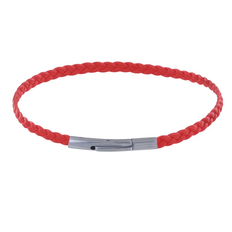 Bracelet Femme Tresse Plate en Cuir Mat Fermoir Clip Acier Inoxydable - Rouge