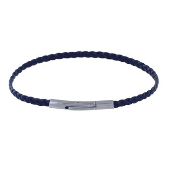 Bracelet Femme Tresse Plate en Cuir Mat Fermoir Clip Acier Inoxydable - Bleu Navy